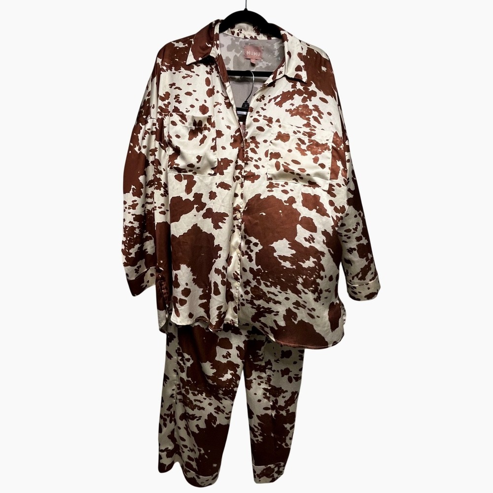 Show Me Your Mumu Overslept PJ Set Brown White Holy Cow Print Satin Cowgirl M - Picture 1 of 14